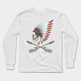 Human skull wearing native American war bonnet Long Sleeve T-Shirt